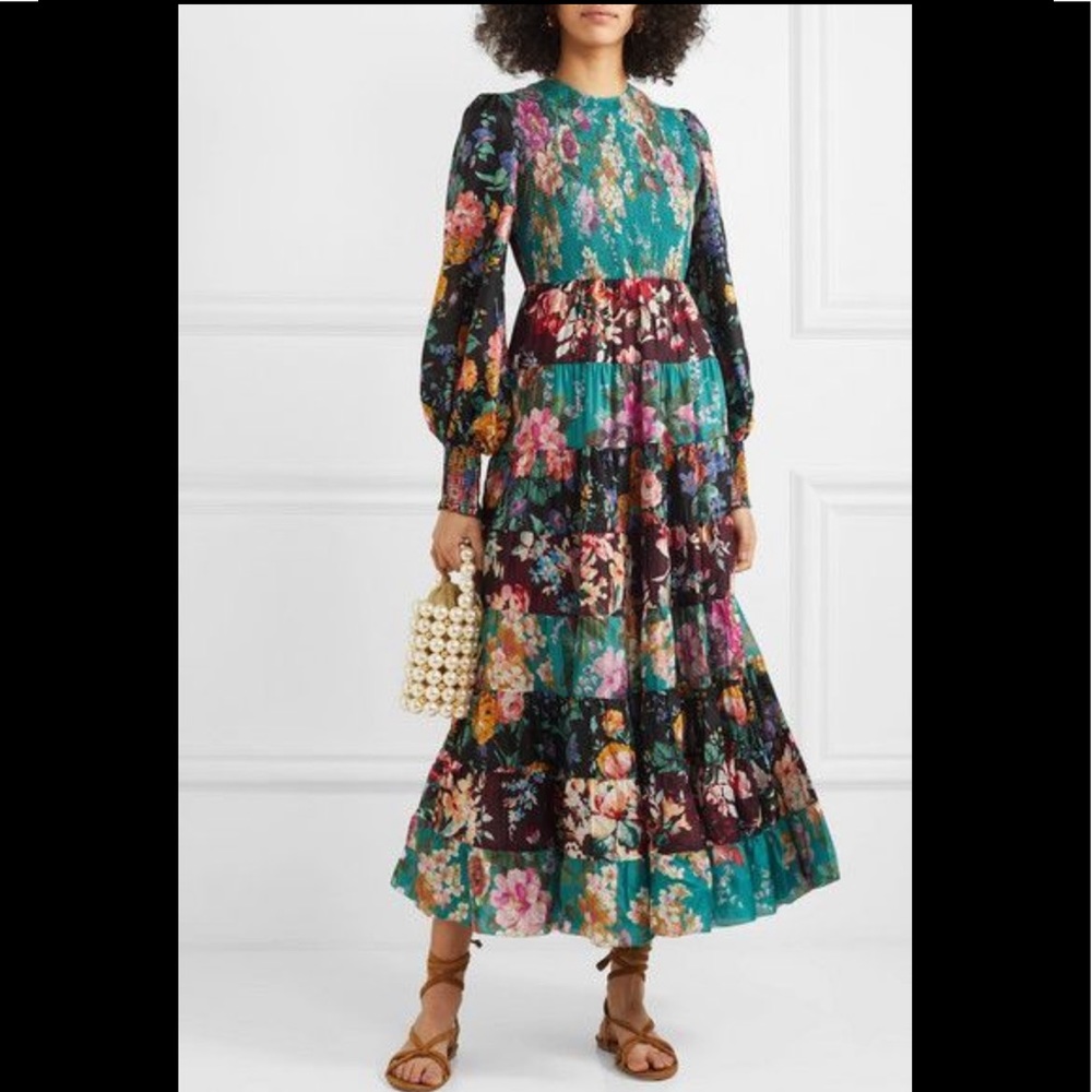 Zimmermann Allia Tiered Floral Silk Patchwork Smocked Maxi Dress